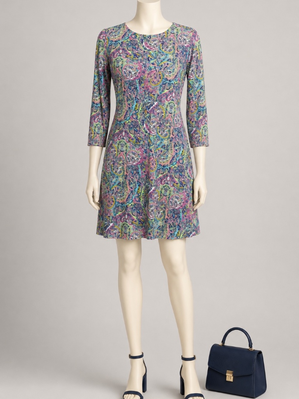 Tommy Hilfiger Paisley Sheath Dress 4 Pink Blue 3/4 Sleeve Stretch Jersey Mini